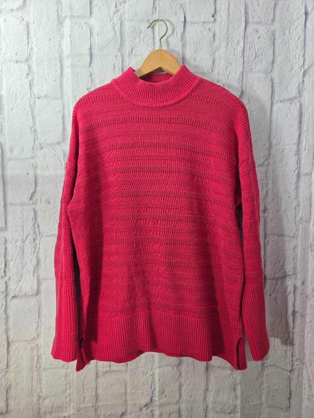Loft Large Red Textured Knit Mock Neck Cozy Winter Classic Holiday Tunic Sweater
